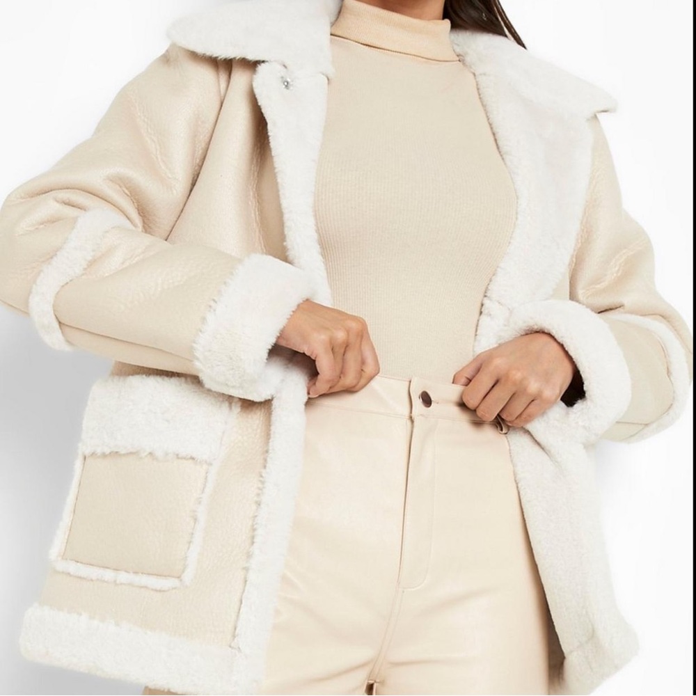Boohoo Faux Fur Trim Aviator Jacket | size 4 us
